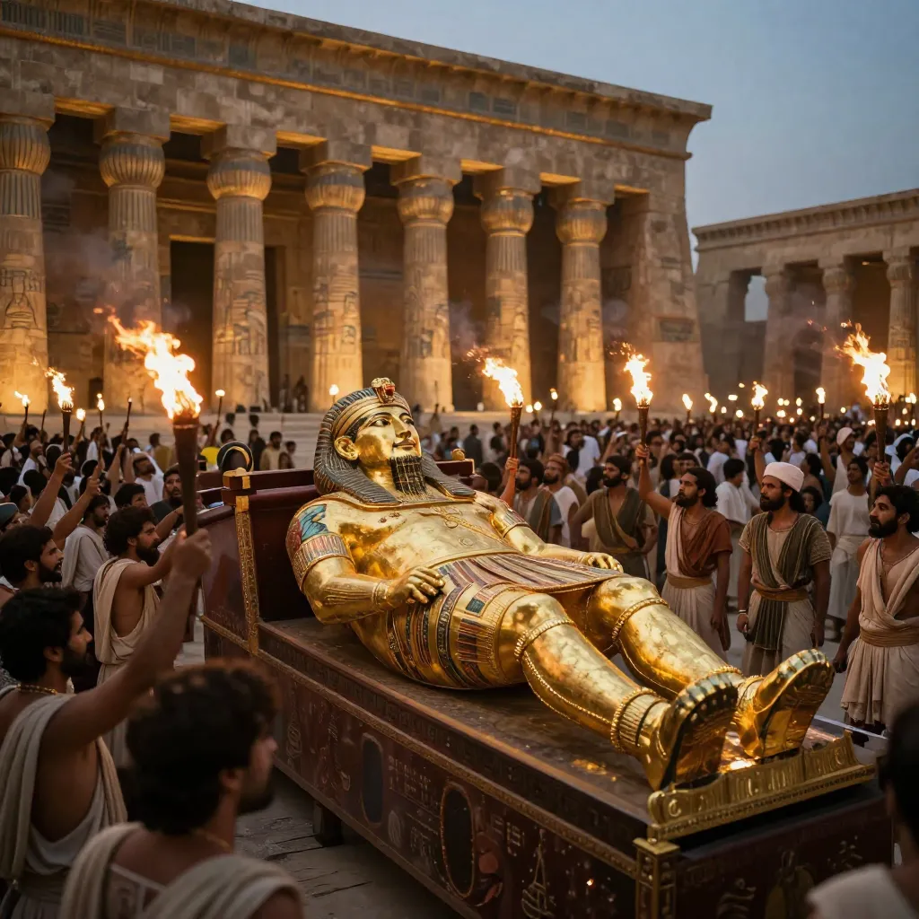 Golden sarcophagus of Alexander the Great being carried through ancient Alexandria