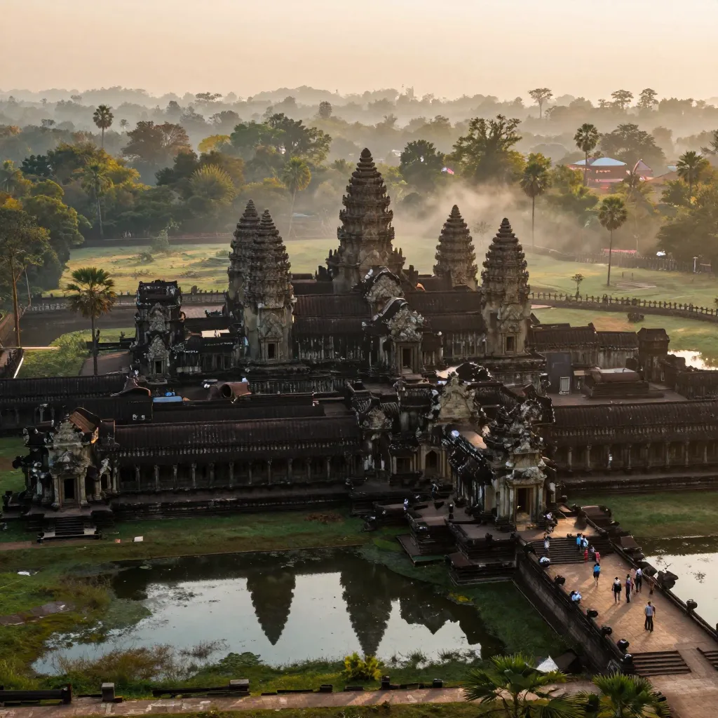 Aerial view of Angkor Wat temple complex at sunrise reflecting in the ancient moat