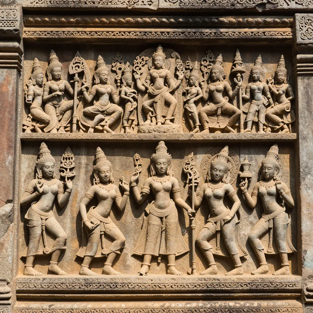 Intricately carved stone bas-relief walls at Angkor Wat