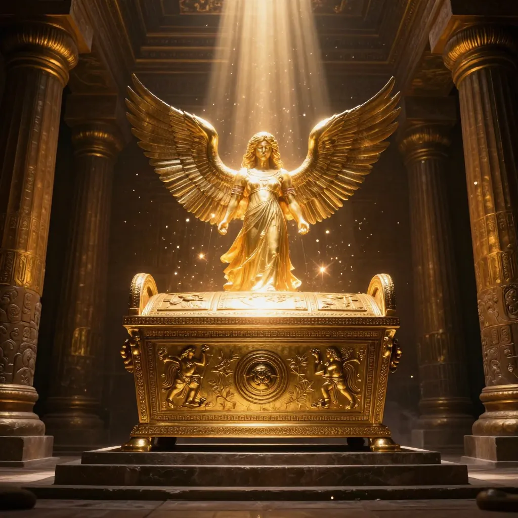 The Ark of the Covenant - golden chest with cherubim in ancient temple