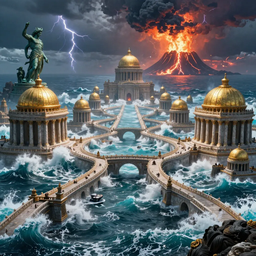 The legendary lost city of Atlantis sinking beneath the ocean waves