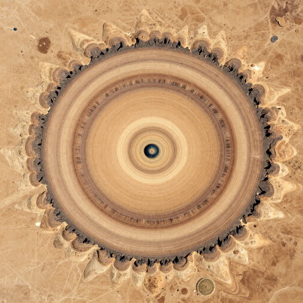 The Richat Structure or Eye of the Sahara viewed from space, showing concentric geological rings