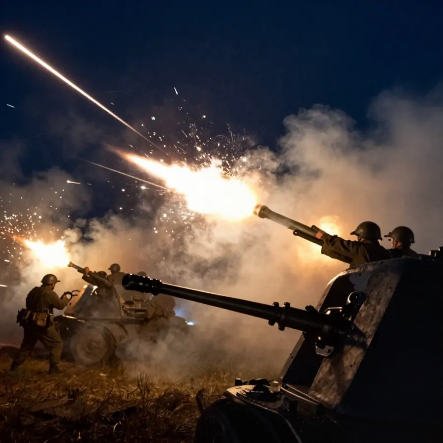 Anti-aircraft guns firing into the night sky