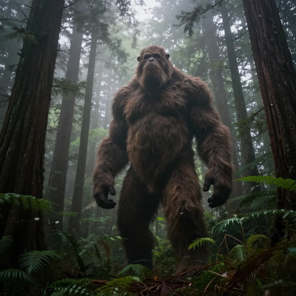 A mysterious large hairy figure standing at the edge of a misty Pacific Northwest forest