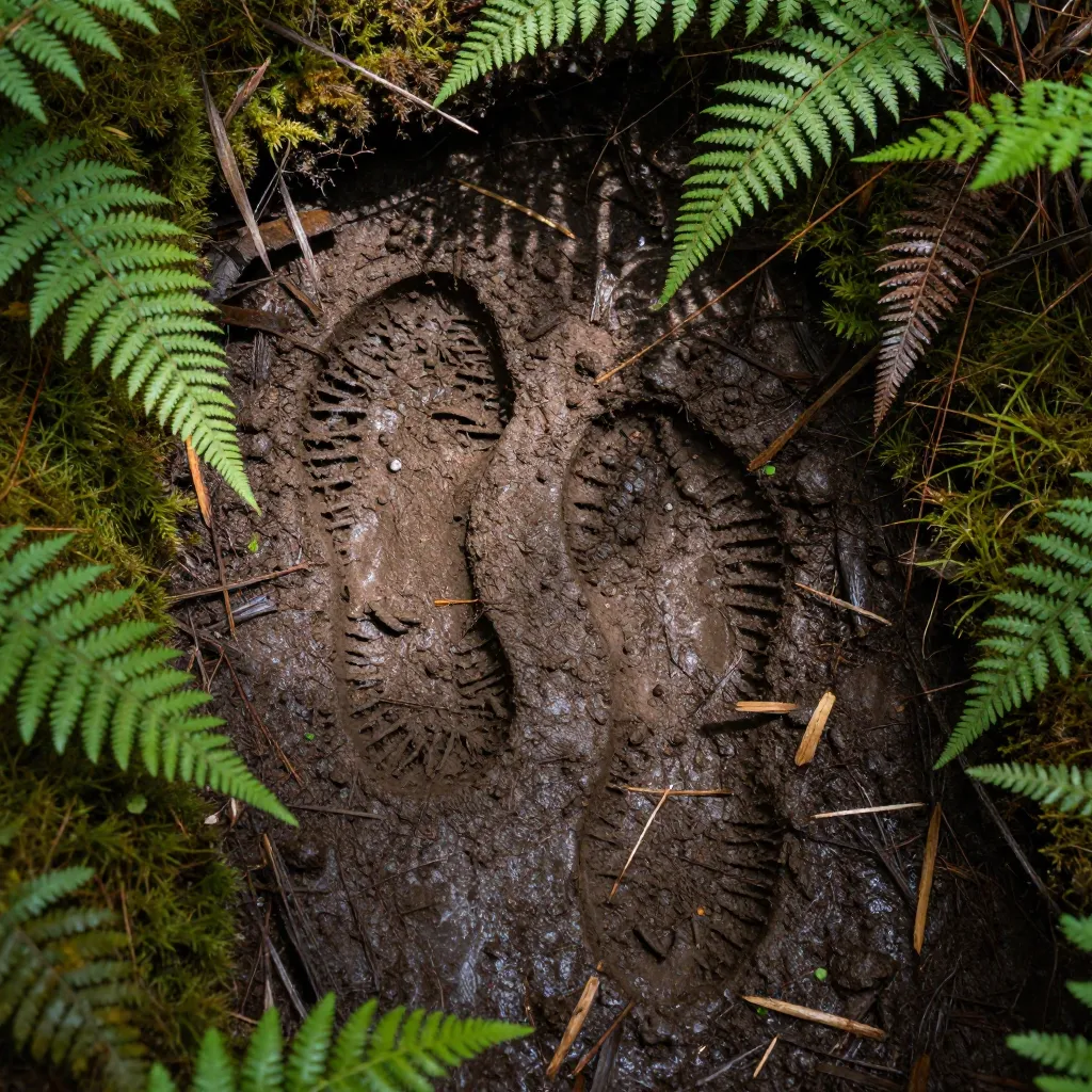 A large muddy footprint impression in wet forest soil showing enormous size