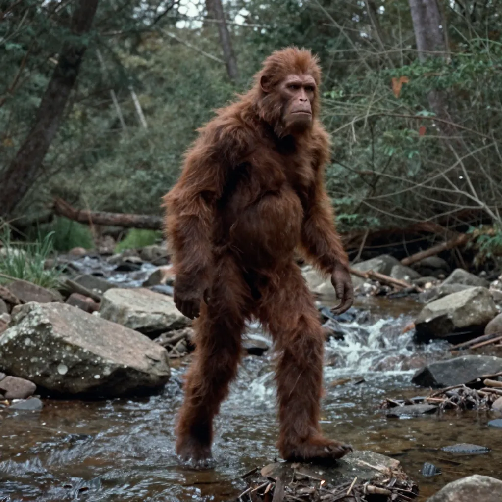 Vintage 1960s film frame showing a tall figure walking across a forest clearing