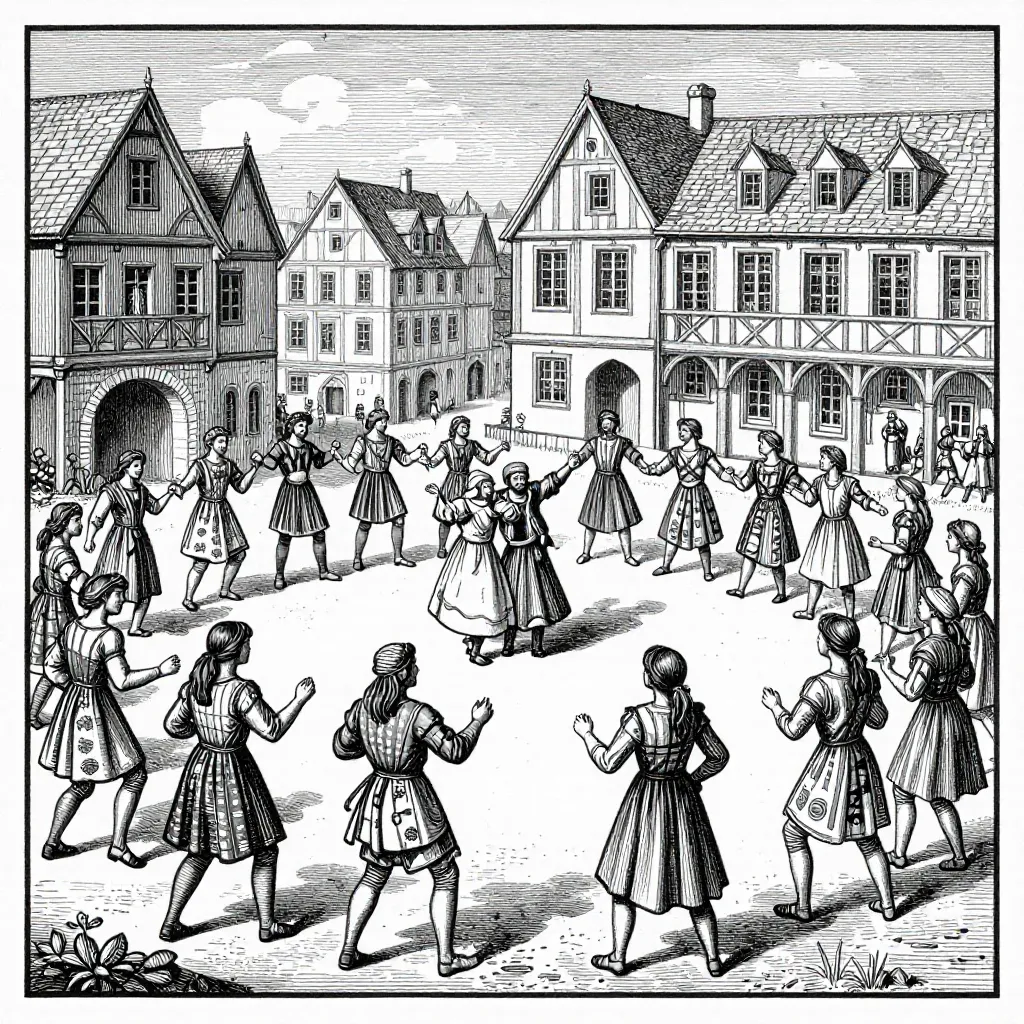 16th century woodcut illustration of the Dancing Plague of 1518