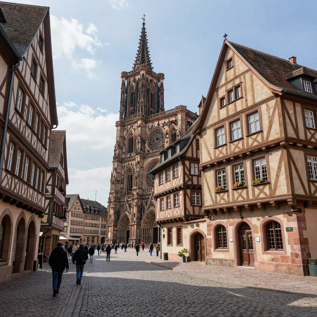 Historic Strasbourg old town square with medieval timber-framed buildings