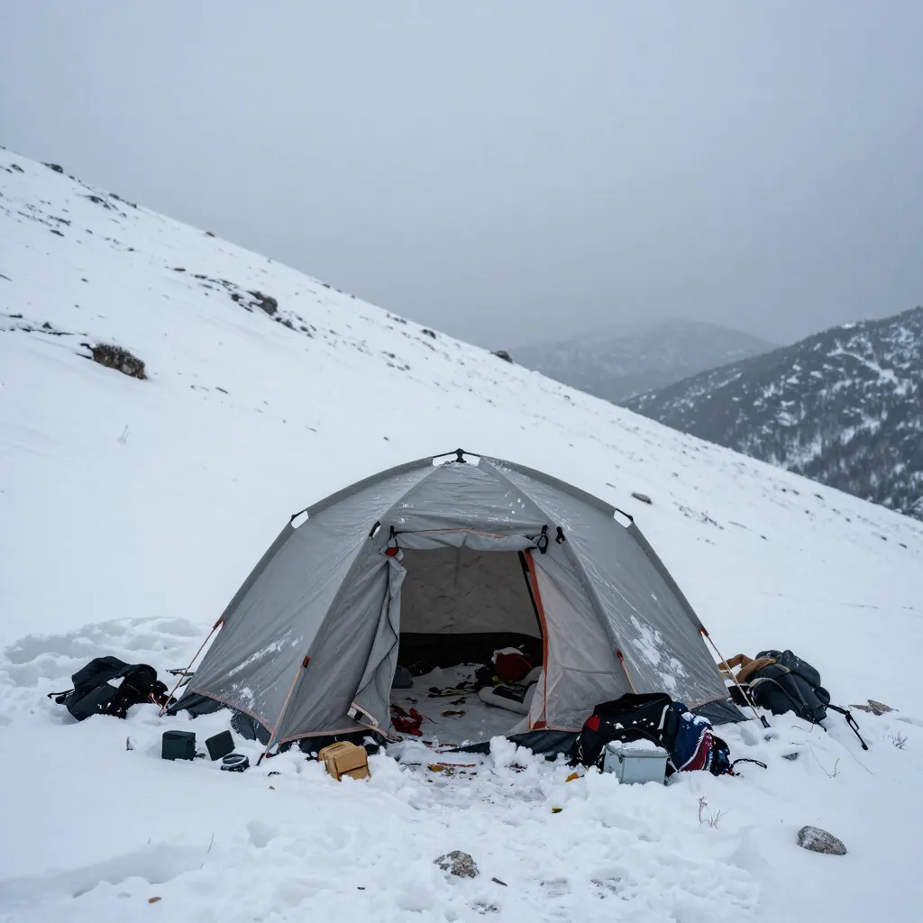 Abandoned tent on the snowy slope of Kholat Syakhl