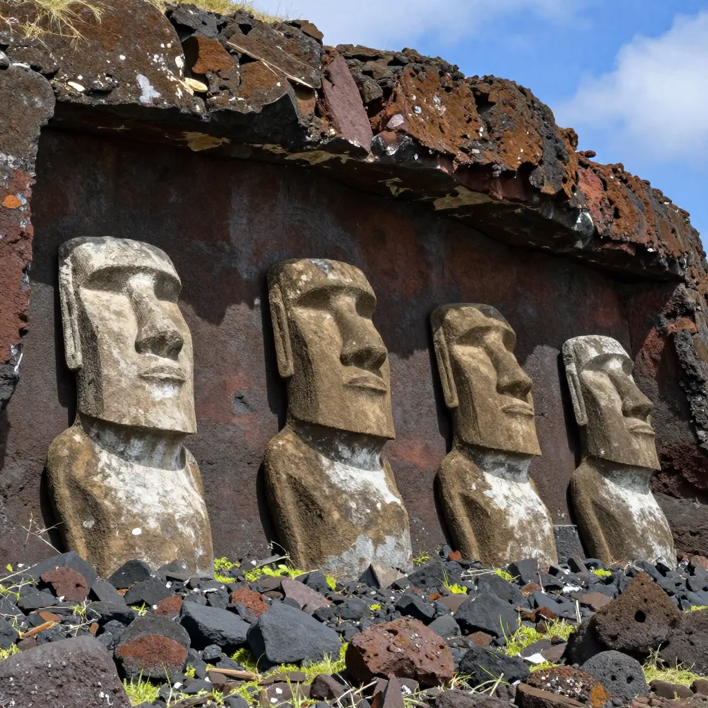 Unfinished moai statues at the Rano Raraku quarry on Easter Island