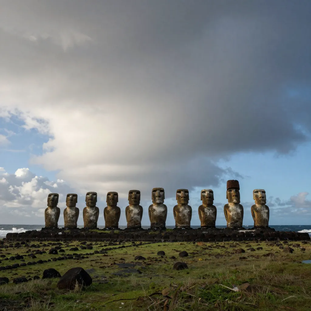 Moai statues on Ahu Tongariki platform with the Pacific Ocean behind