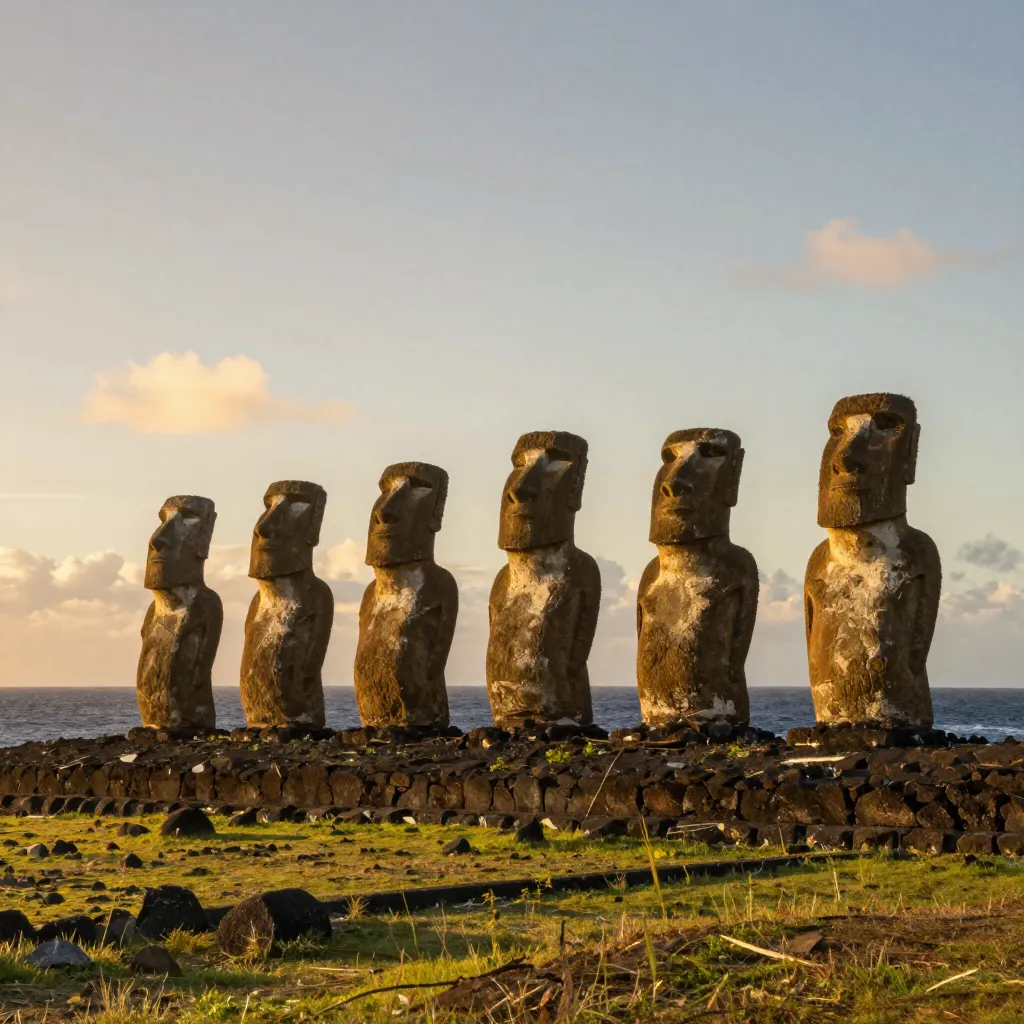 Easter Island moai statues standing on a stone platform at golden hour