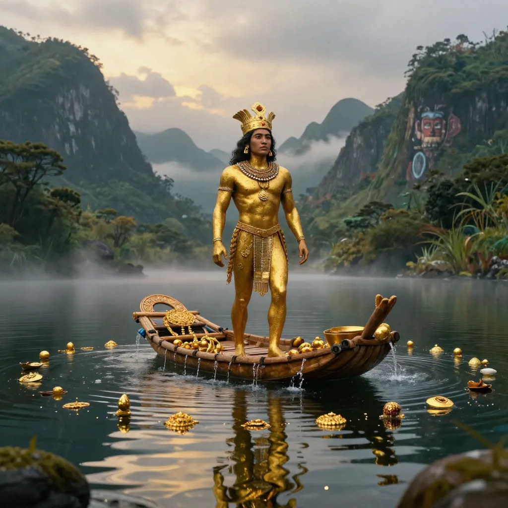 A golden Muisca king covered in gold dust performing the El Dorado ceremony at Lake Guatavita