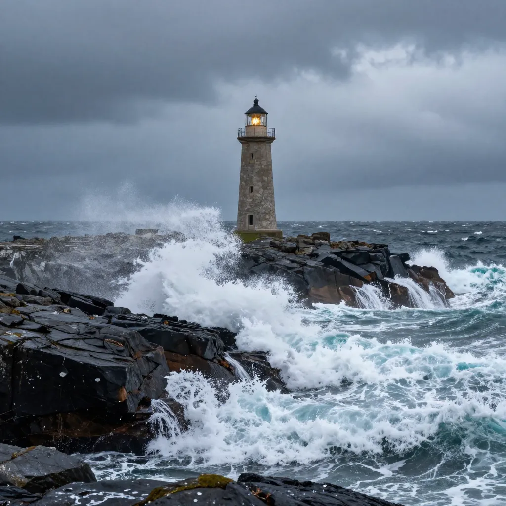 The Flannan Isles lighthouse on a remote rocky island in stormy North Atlantic seas