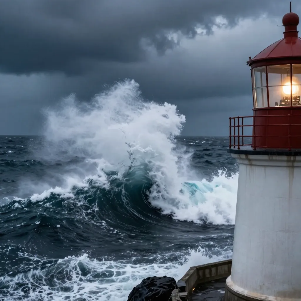 Violent storm waves crashing against rocky cliffs