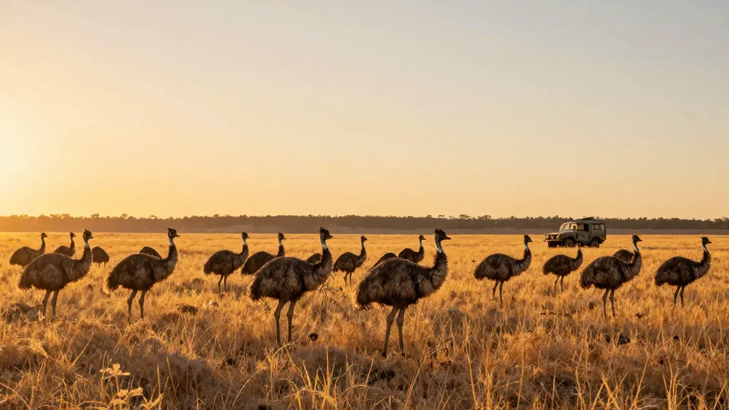 Australian soldiers facing a mob of emus in the outback