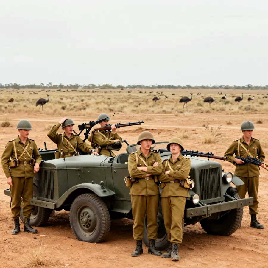 Frustrated soldiers standing next to their truck after failing to defeat the emus