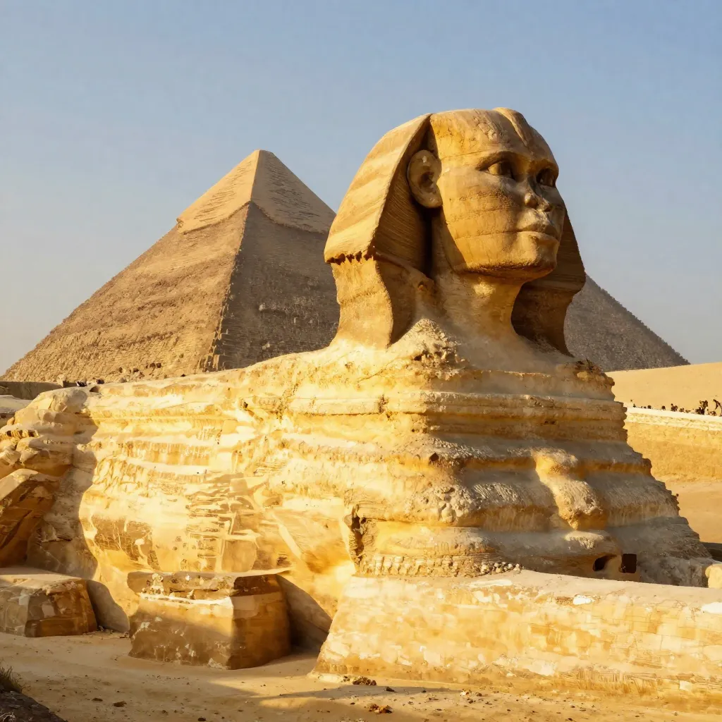 The Great Sphinx of Giza at golden sunrise with the Pyramids in the background