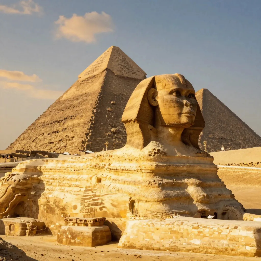 The Great Sphinx of Giza at sunrise with the Pyramids behind