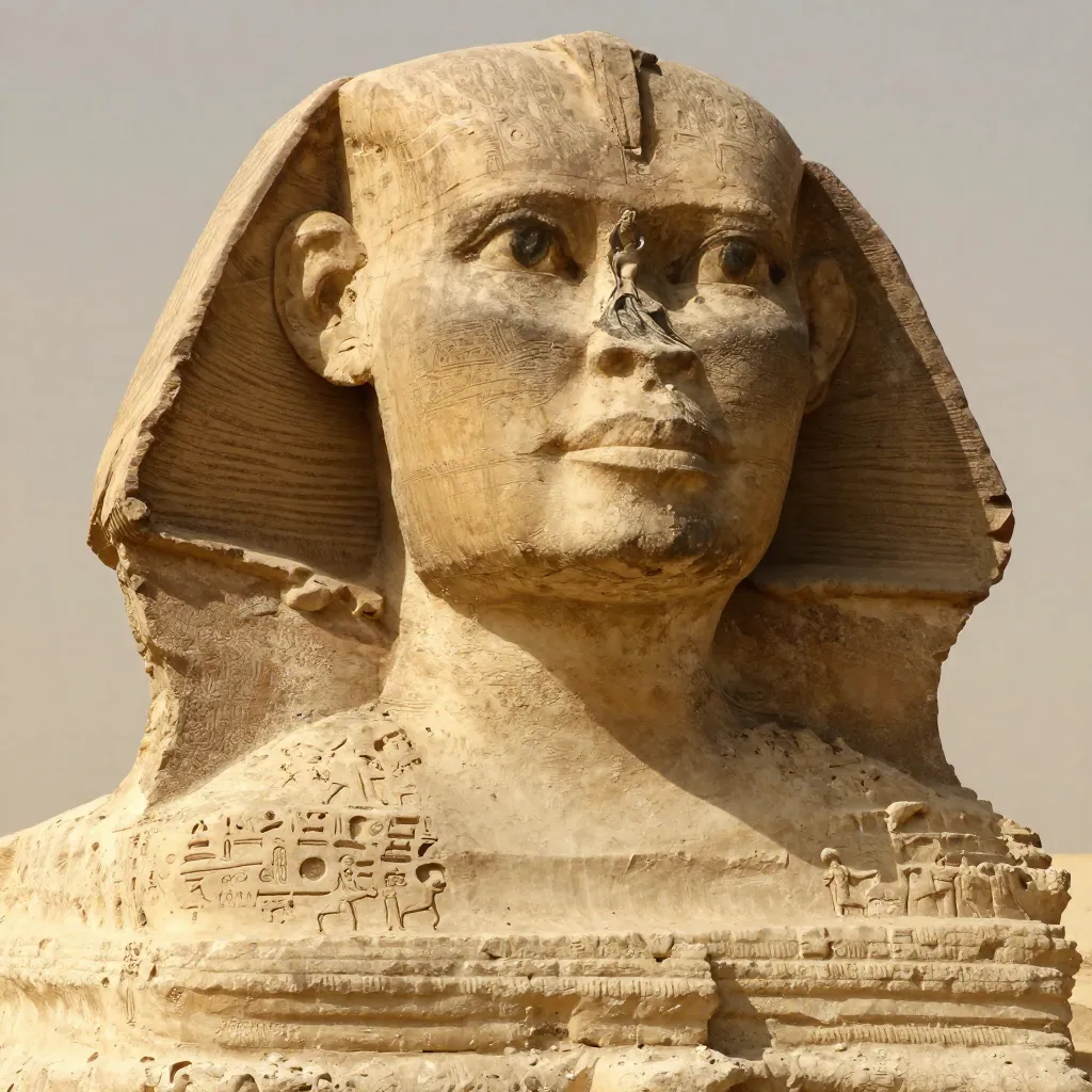 Close-up of the Sphinx face with the Dream Stele between its paws