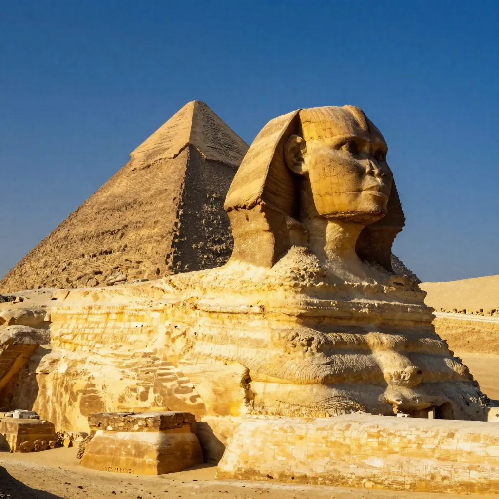 The Great Sphinx of Giza at sunrise with the Pyramid of Khafre behind it