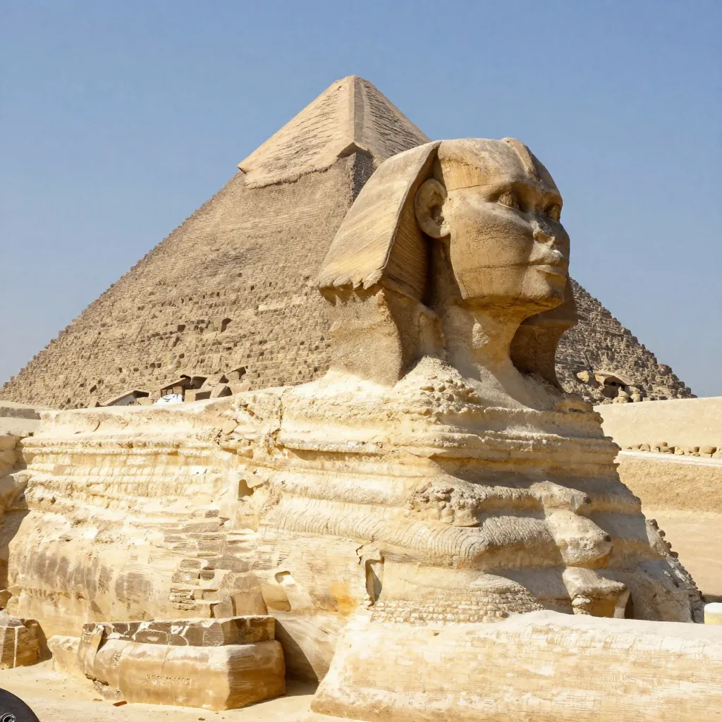 The Great Sphinx of Giza showing the full lion body and pyramid behind