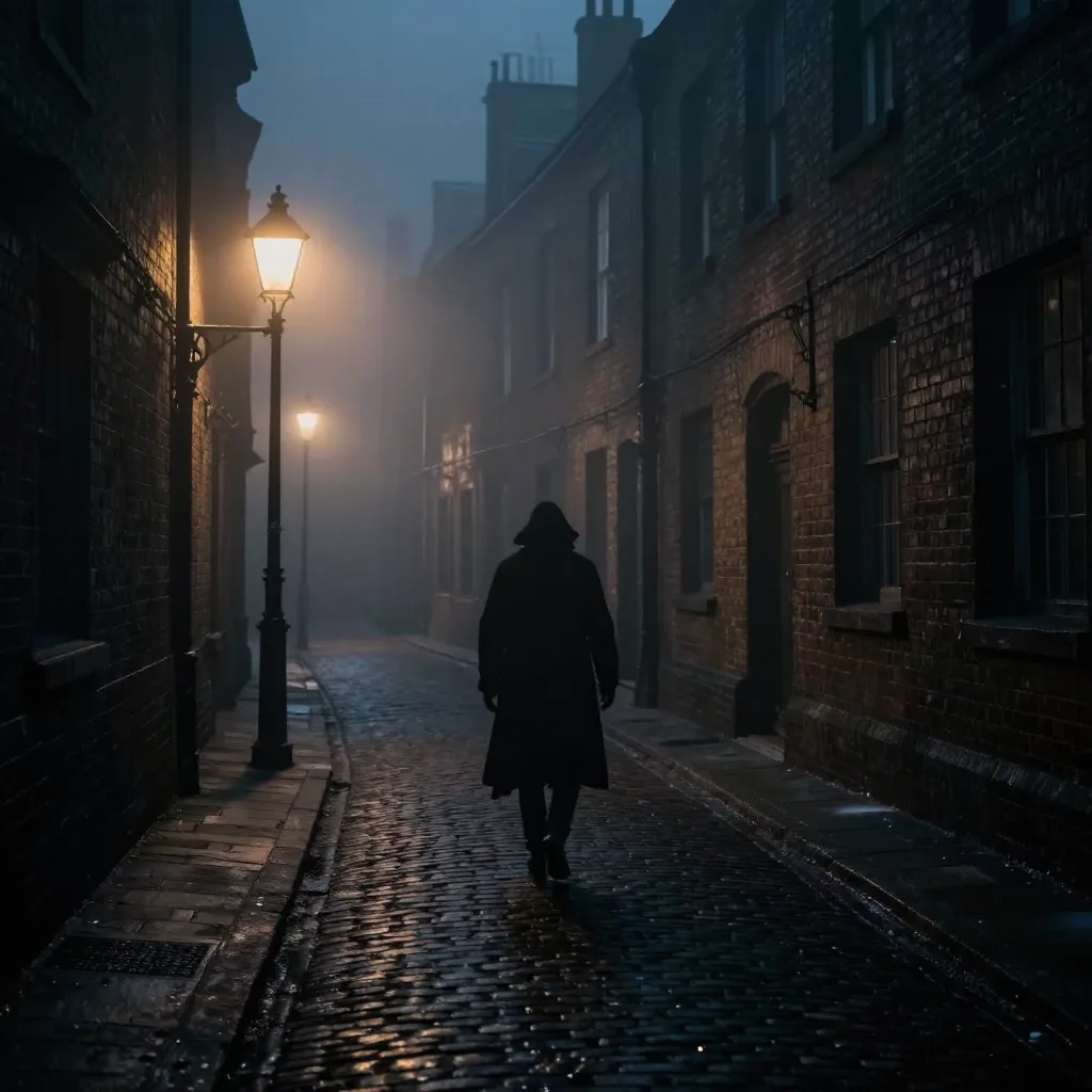 Dark foggy Victorian London street at night with gas lamps casting dim yellow light