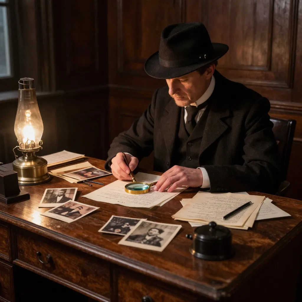 Victorian Scotland Yard detectives examining crime scene evidence