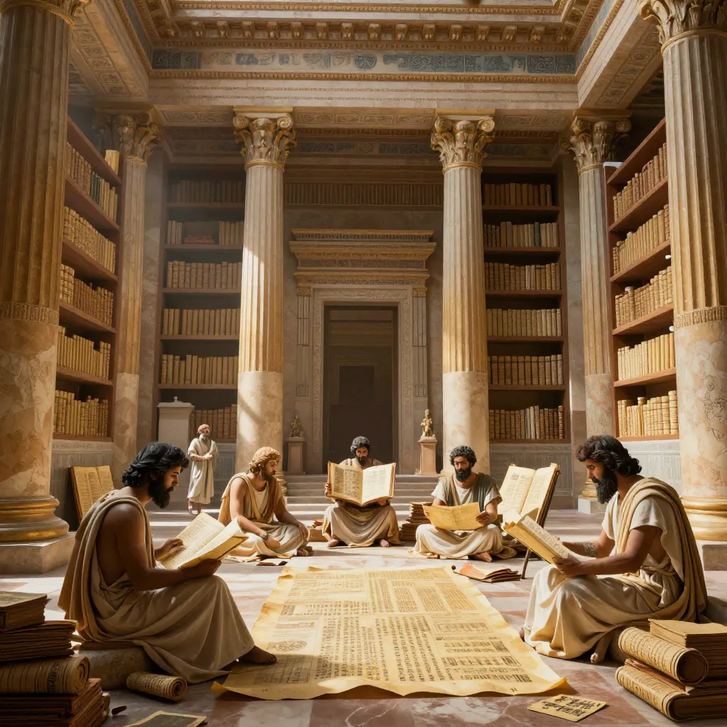 The ancient Library of Alexandria, a grand classical building where scholars studied papyrus scrolls