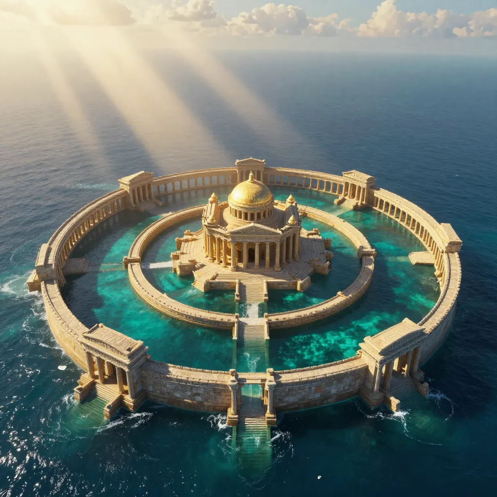 Artistic depiction of the mythical lost city of Atlantis with concentric ring walls