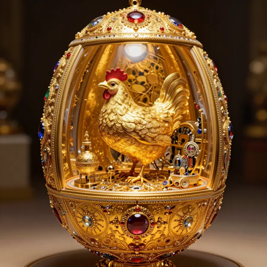 A Fabergé egg opening to reveal golden surprises inside