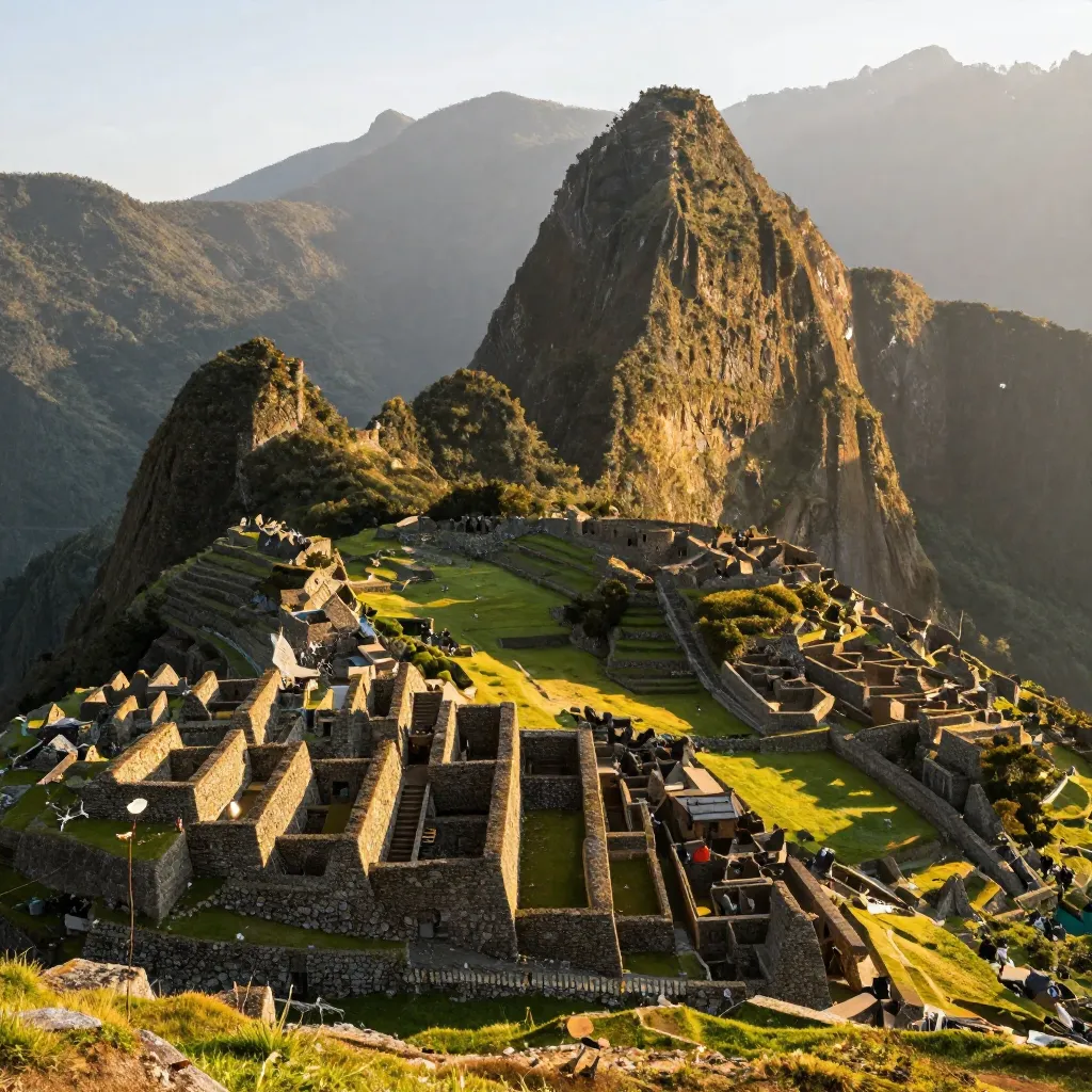 Panoramic view of Machu Picchu citadel at sunrise with Huayna Picchu in background