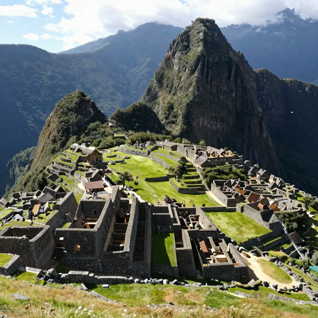 Machu Picchu showing agricultural terraces and stone buildings surrounded by Andean peaks