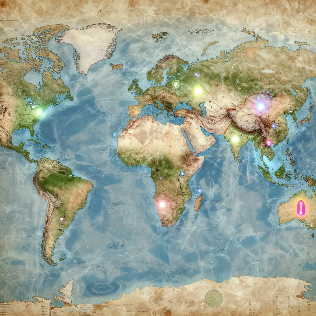 World map showing geographic Mandela Effects with common misplacements
