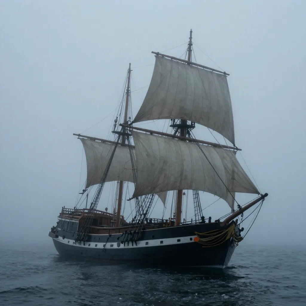 The Mary Celeste brigantine sailing ship adrift on the Atlantic Ocean