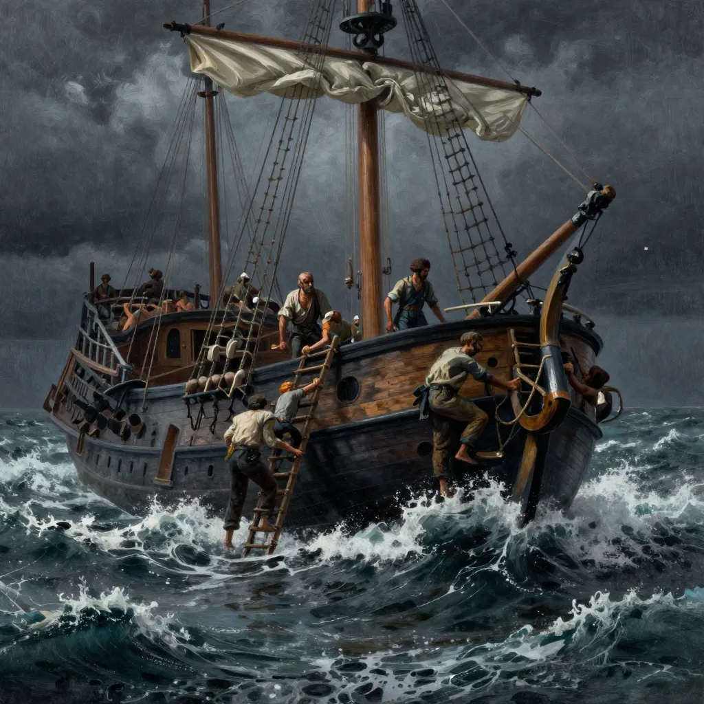A 19th century painting of a brigantine ship similar to the Mary Celeste in rough seas
