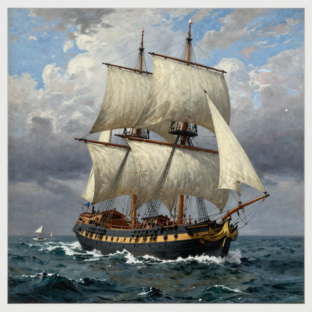19th century brigantine sailing ship under full sail
