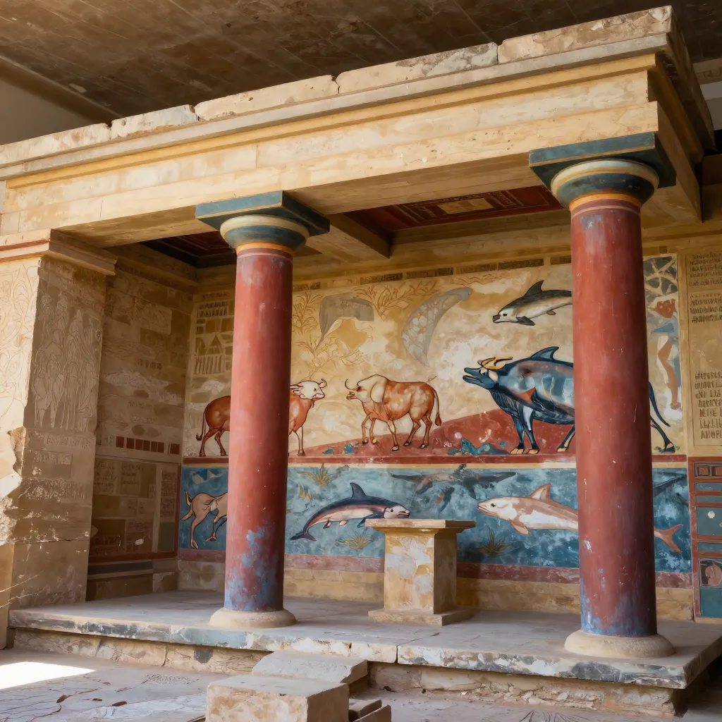 Restored frescoes inside the Minoan palace of Knossos on Crete