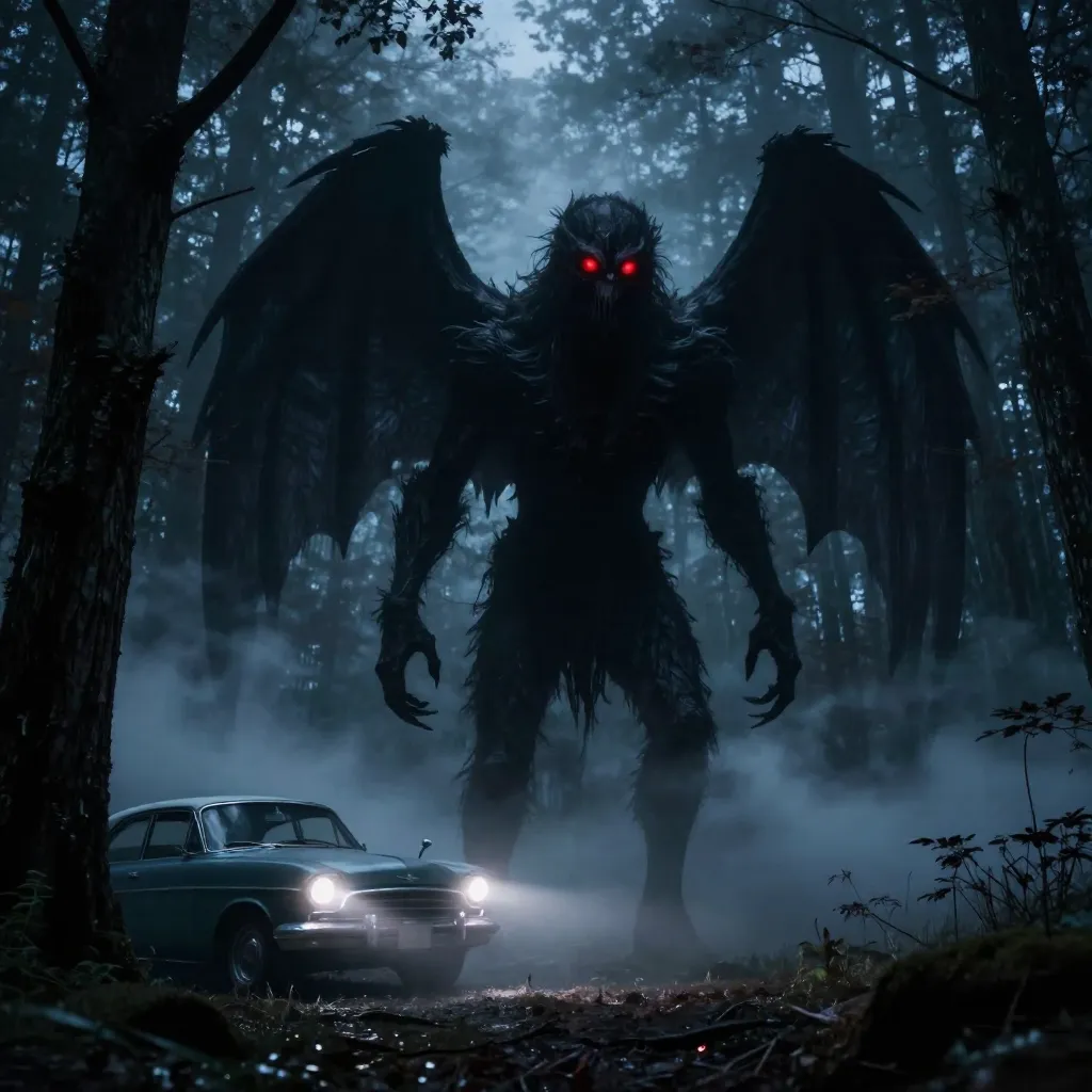 Artistic depiction of the Mothman creature with glowing red eyes