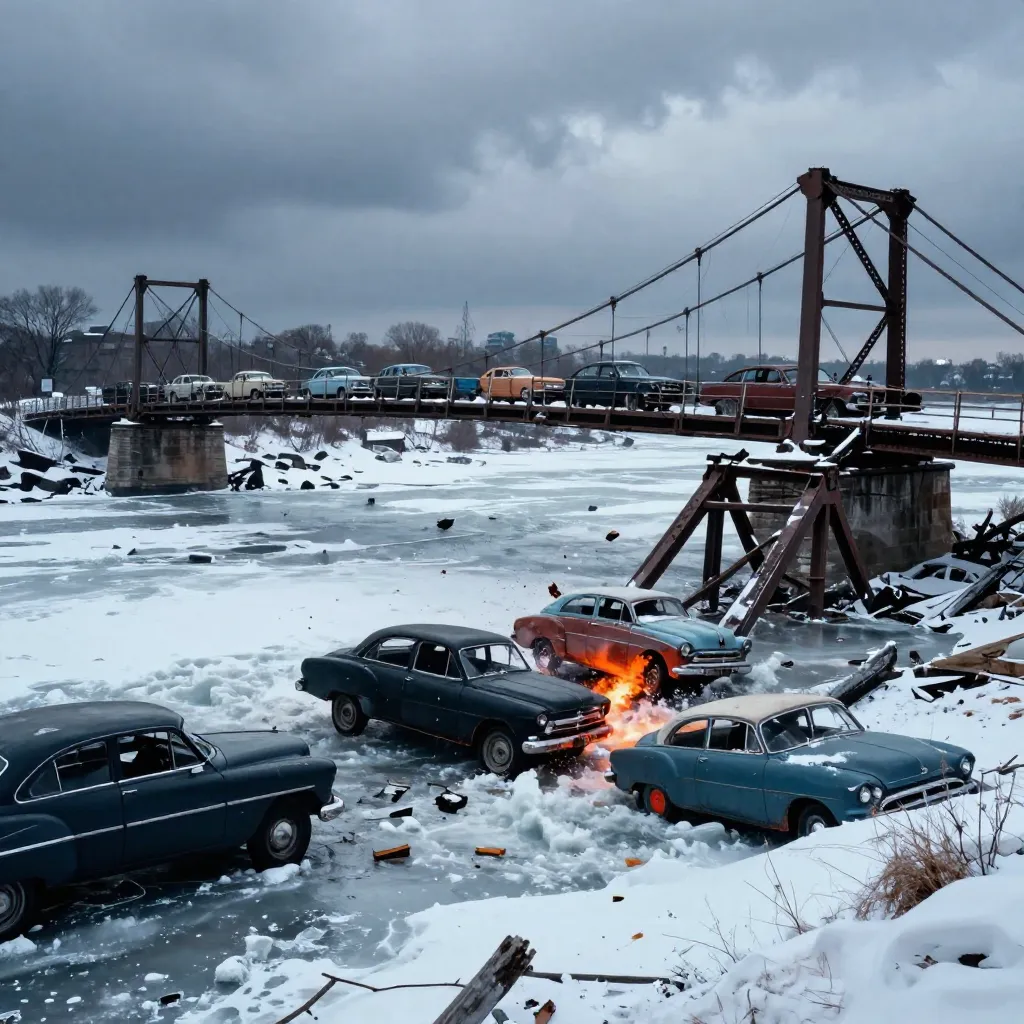 The Silver Bridge collapse disaster scene