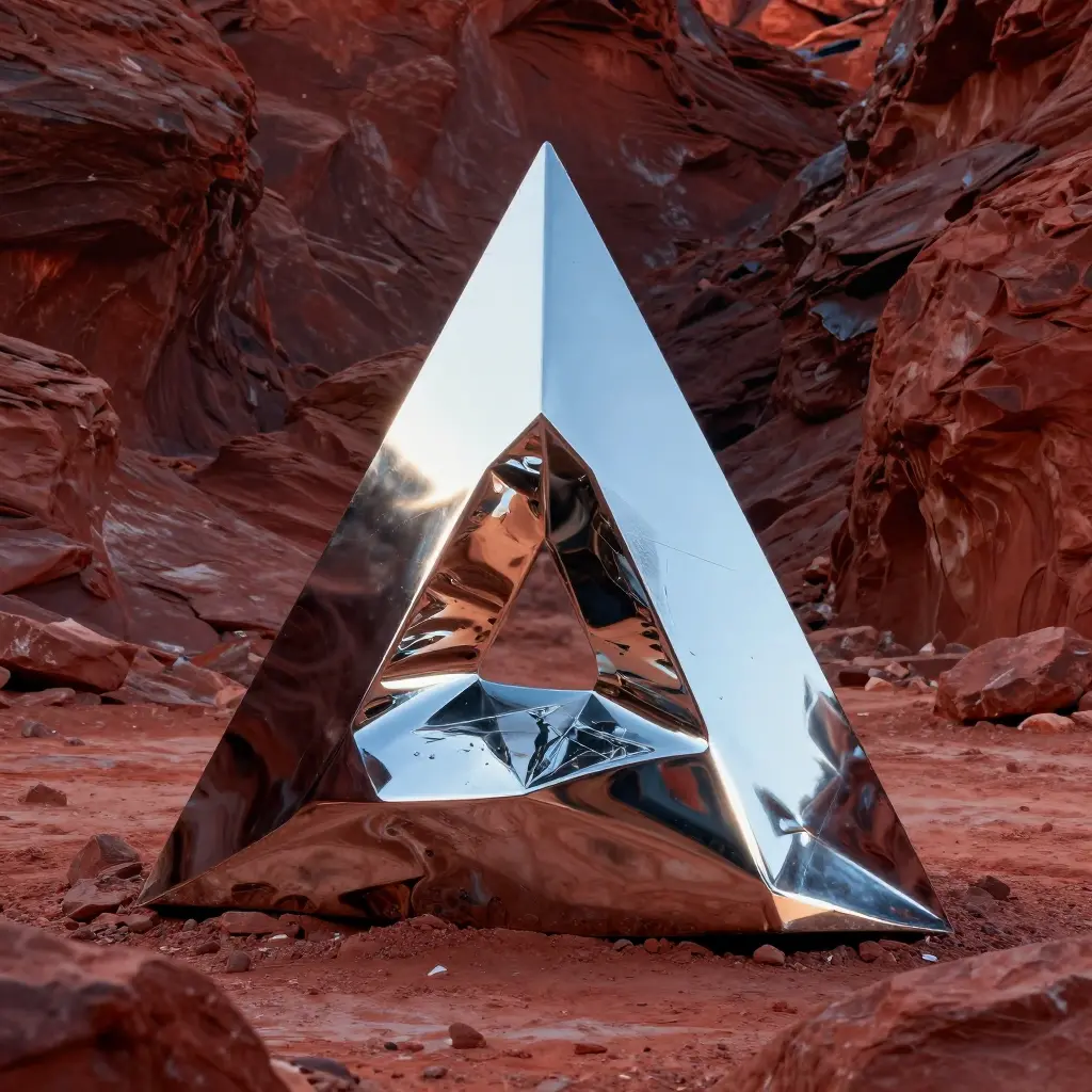 Shiny metal monolith in desert landscape