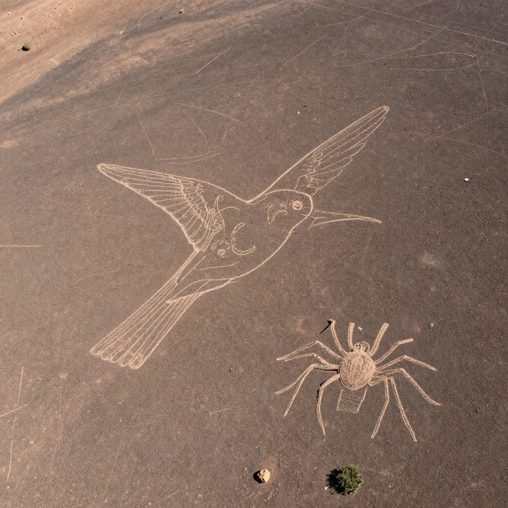 Aerial view of the Nazca Lines in Peru showing enormous desert geoglyphs