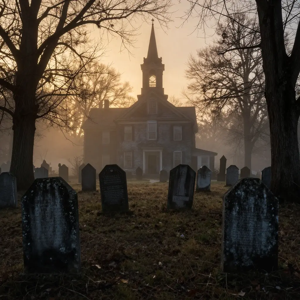 Spooky New England cemetery at dusk