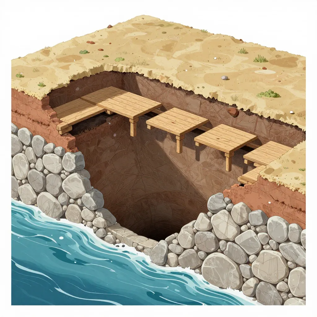 Cross-section of the Oak Island Money Pit showing wooden platforms and flood tunnels
