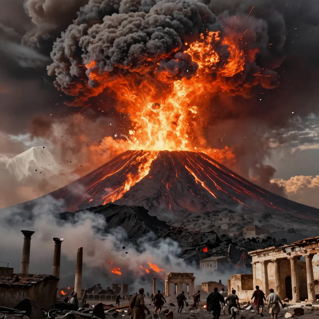 Dramatic eruption of Mount Vesuvius burying Pompeii in volcanic ash in 79 AD