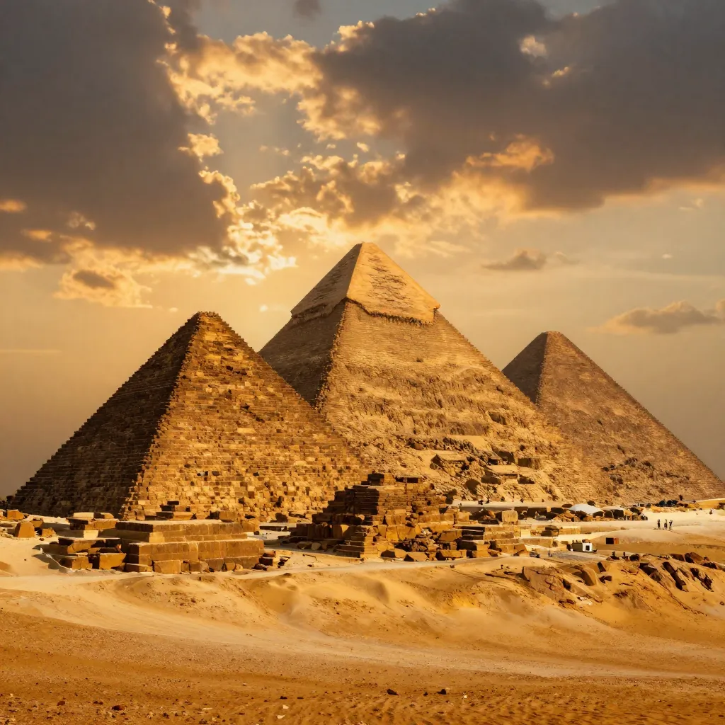 The Great Pyramids of Giza at golden hour sunset rising from the desert