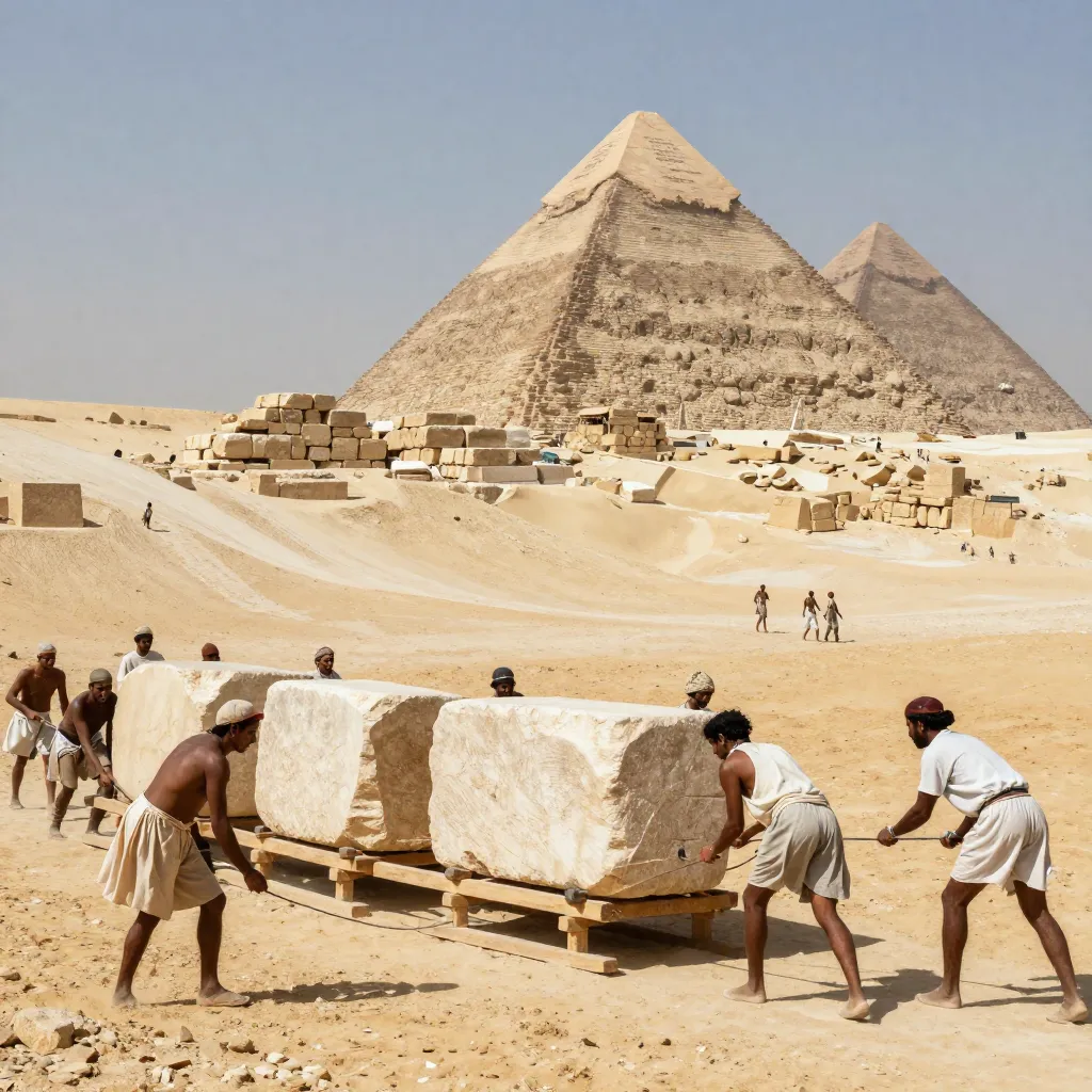 Ancient Egyptian workers quarrying and transporting massive limestone blocks