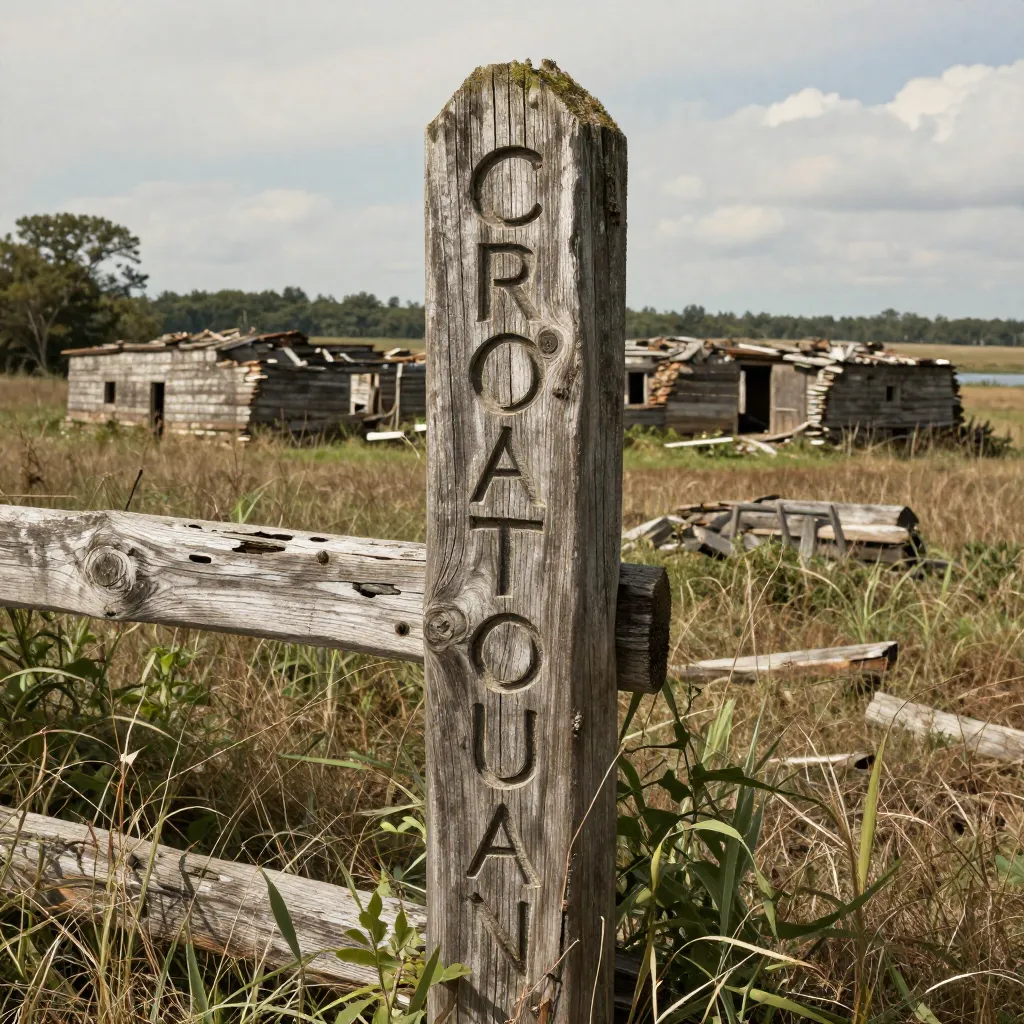Weathered wooden post with CROATOAN carved into it