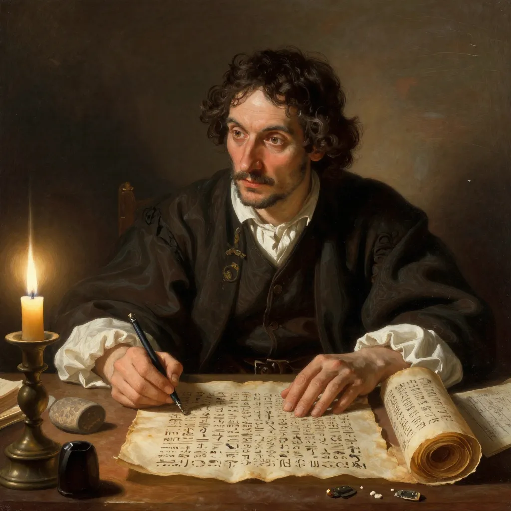 Jean-Francois Champollion studying hieroglyphs