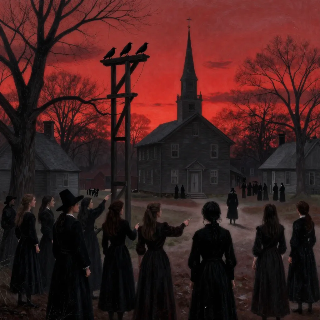 The Salem Witch Trials of 1692 — gallows and Puritan courthouse in colonial Massachusetts